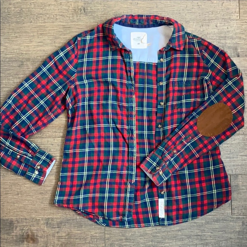 Plaid shirt with brown patch elbow
